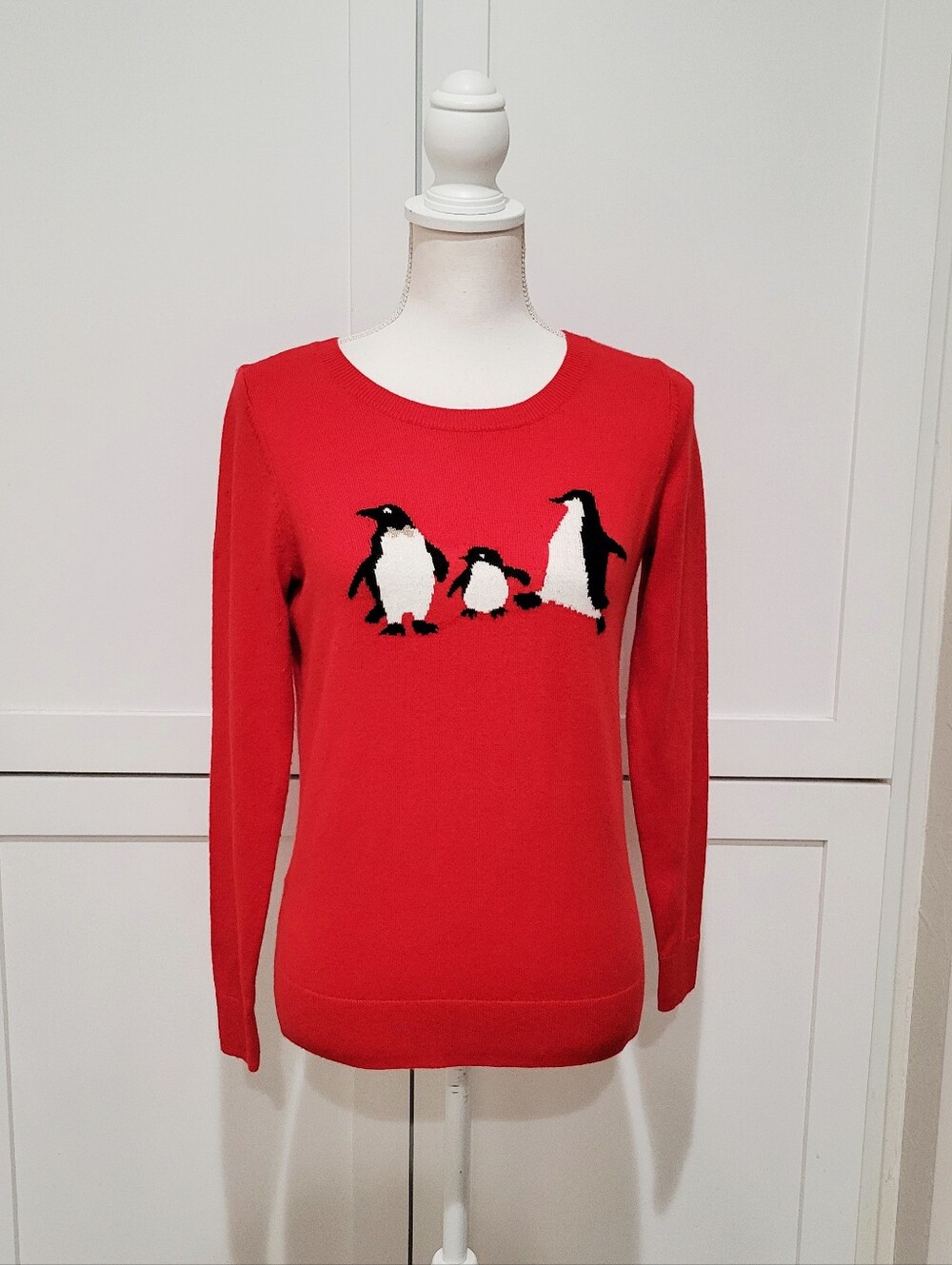 LOFT Red Crewneck Sweater with Penguin Motif